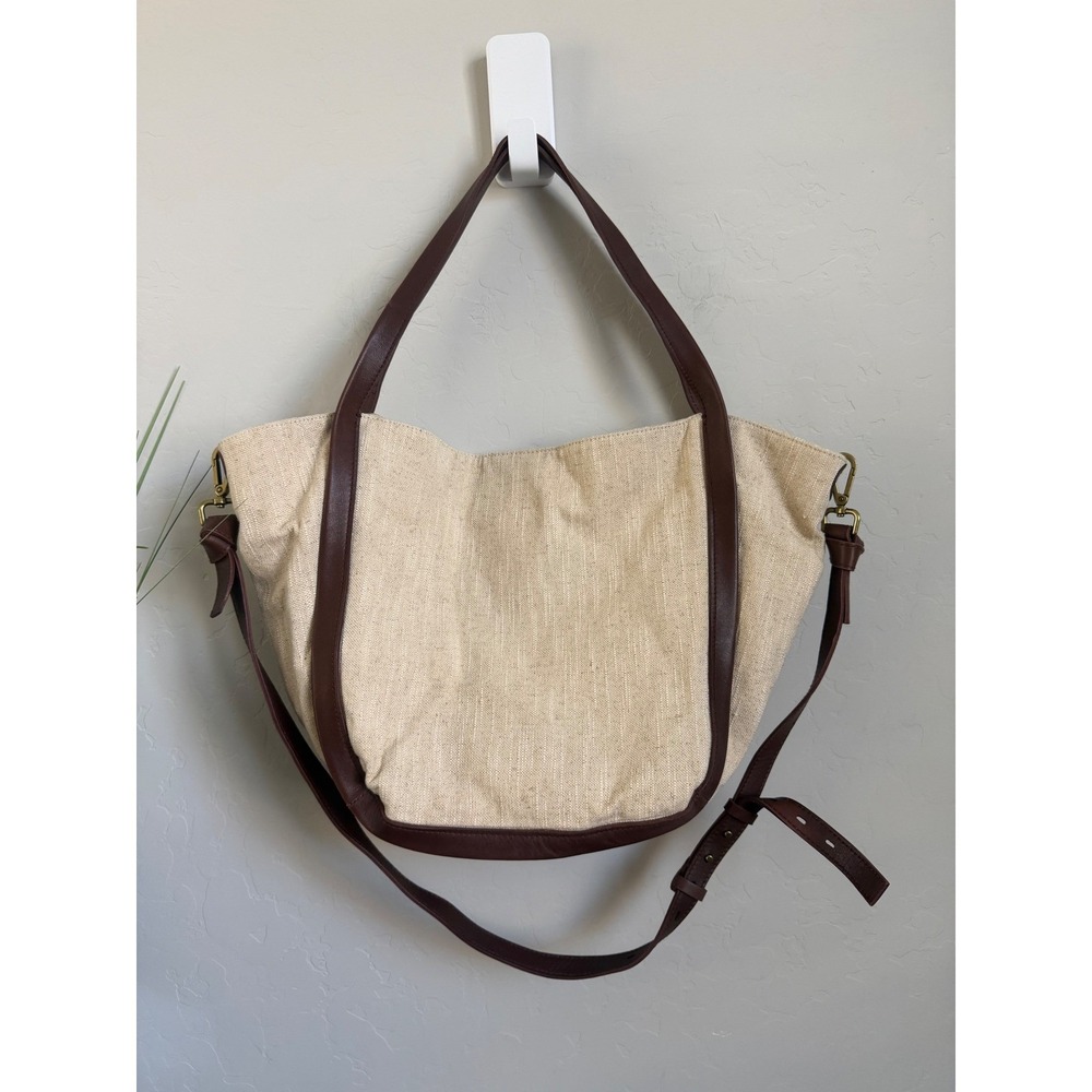Madewell Sydney Tote Bag Cotton-Linen Leather Trim Crossbody Neutral NF075 NEW